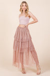 Elastic Waisted Embossed Mesh Tiered Ruffle Skirt - KOKOTETE
