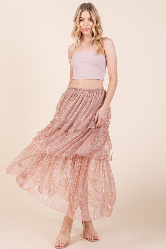 Elastic Waisted Embossed Mesh Tiered Ruffle Skirt - KOKOTETE