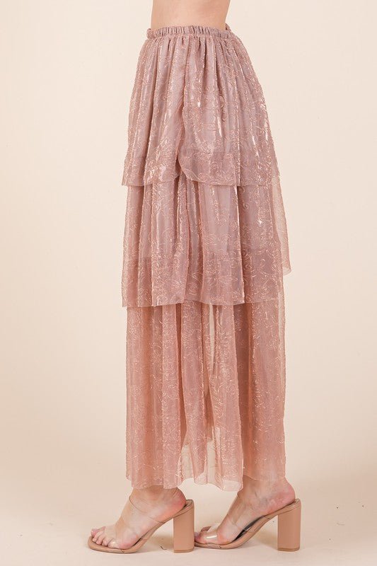 Elastic Waisted Embossed Mesh Tiered Ruffle Skirt - KOKOTETE