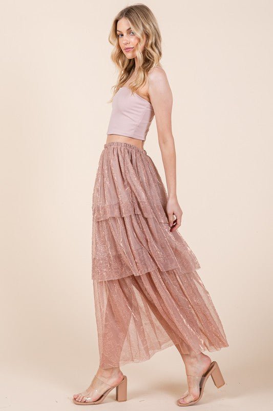 Elastic Waisted Embossed Mesh Tiered Ruffle Skirt - KOKOTETE