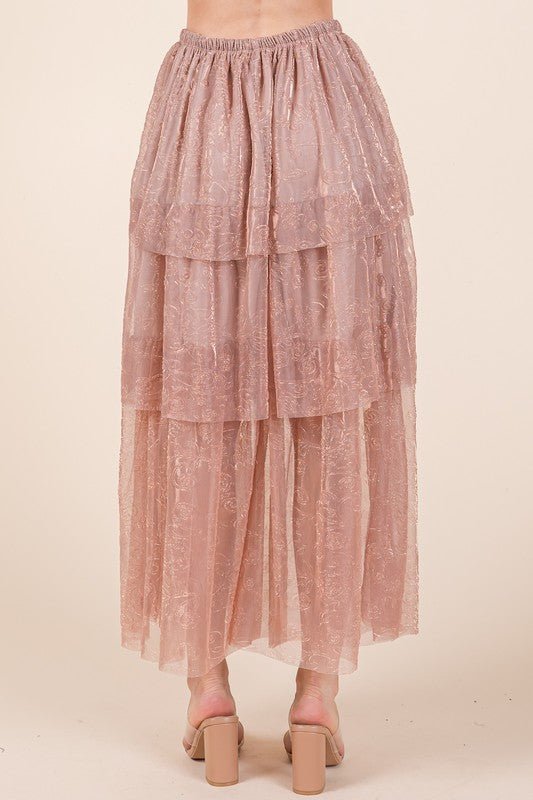 Elastic Waisted Embossed Mesh Tiered Ruffle Skirt - KOKOTETE