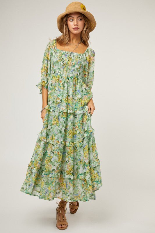 Floral Chiffon Midi Dress - KOKOTETE