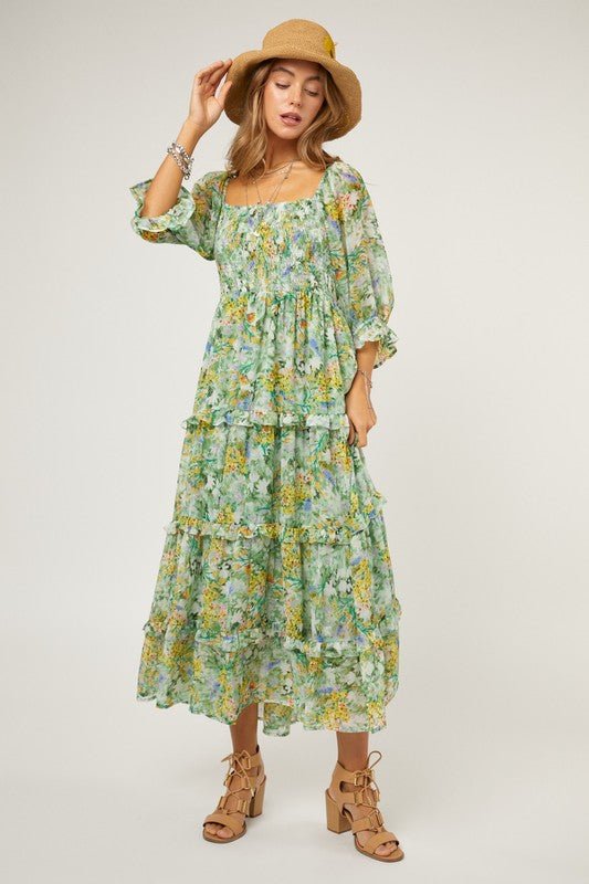 Floral Chiffon Midi Dress - KOKOTETE