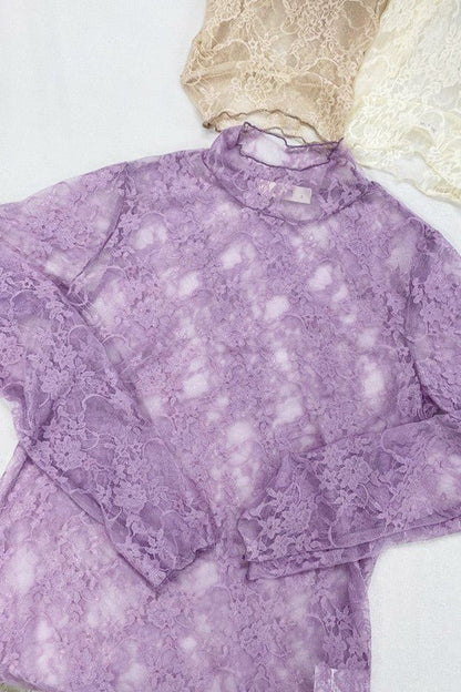 Floral print lace long sleeves top - KOKOTETE