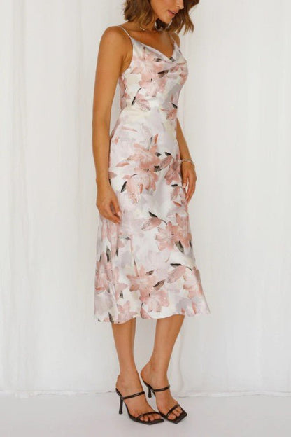 Floral Print Satin Midi Dress - KOKOTETE