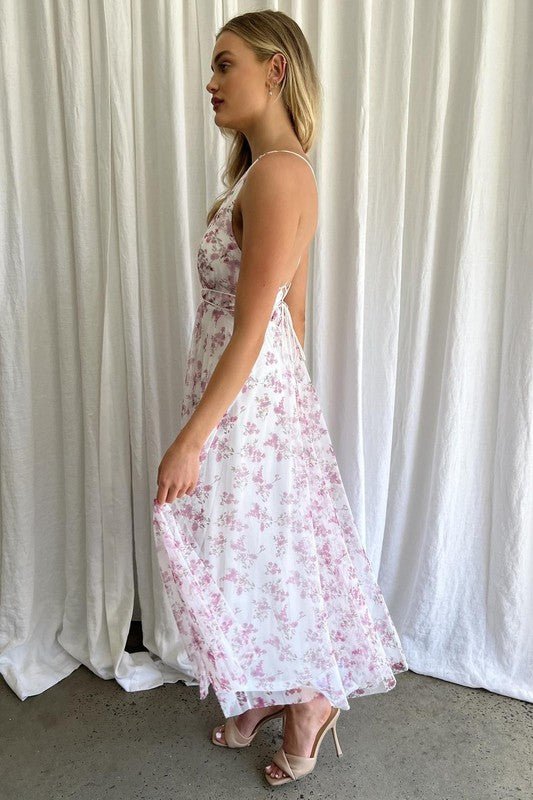 Floral Printed Plunging Neck Tulle Maxi Dress - KOKOTETE