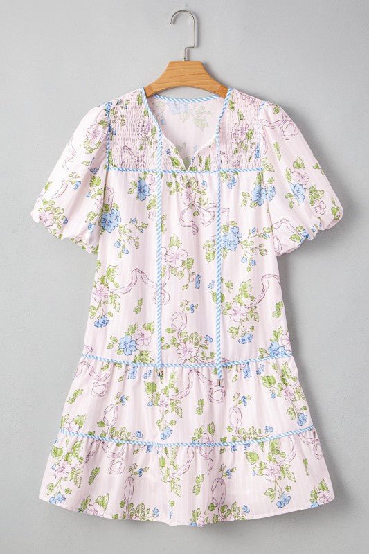 Floral Stripe Contrast Tie Split Neck Mini Dress - KOKOTETE