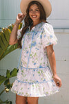 Floral Stripe Contrast Tie Split Neck Mini Dress - KOKOTETE