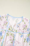 Floral Stripe Contrast Tie Split Neck Mini Dress - KOKOTETE