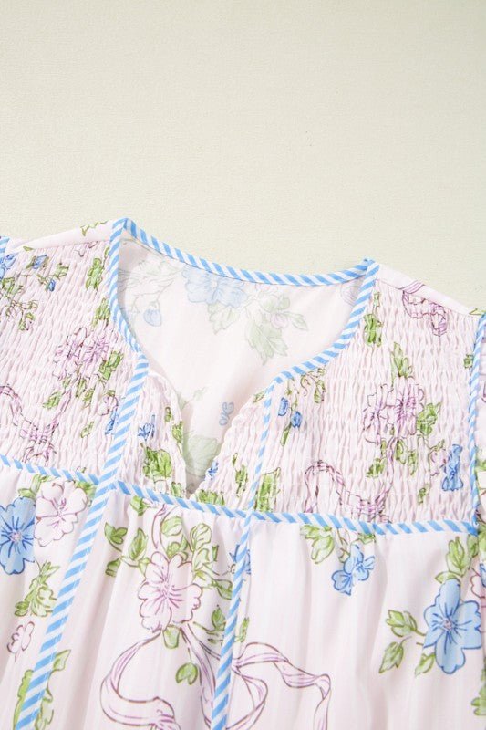 Floral Stripe Contrast Tie Split Neck Mini Dress - KOKOTETE