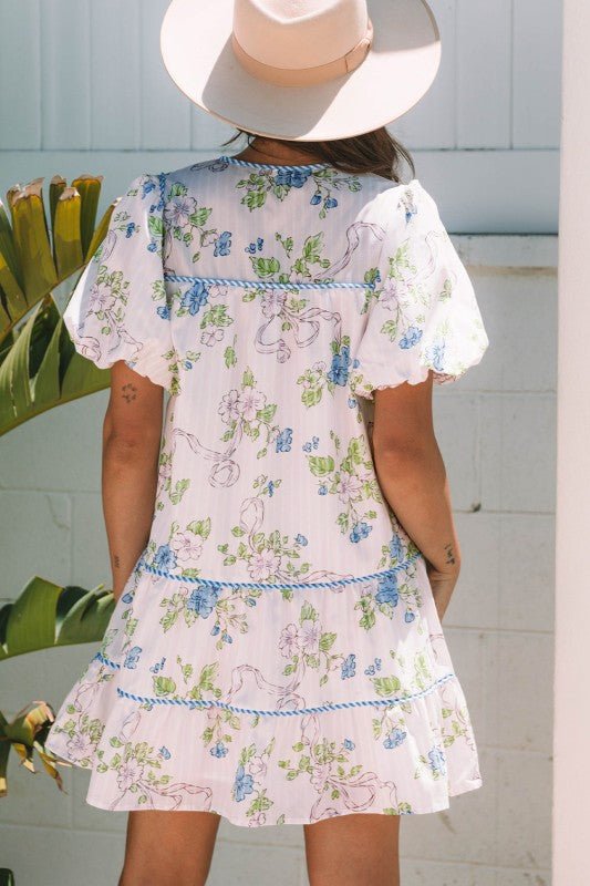 Floral Stripe Contrast Tie Split Neck Mini Dress - KOKOTETE