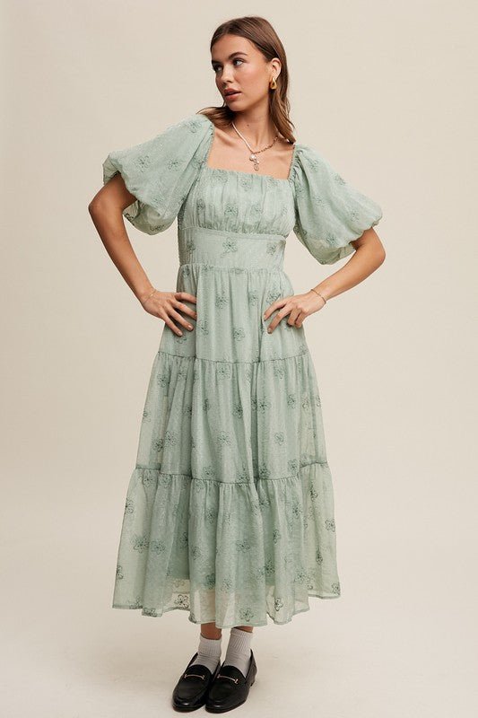 Flower Embroidered Puff Sleeve Tiered Maxi Dress - KOKOTETE