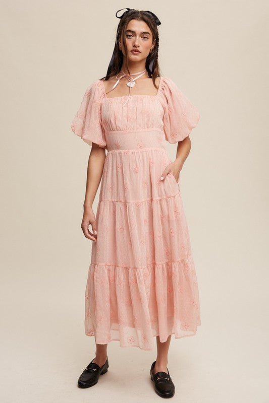 Flower Embroidered Puff Sleeve Tiered Maxi Dress - KOKOTETE