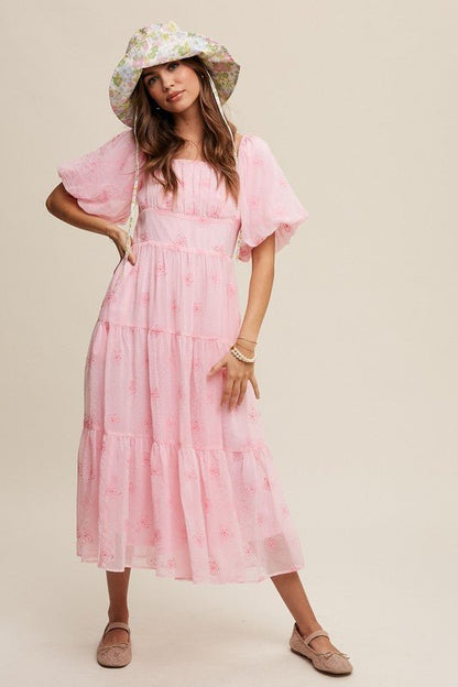 Flower Embroidered Puff Sleeve Tiered Maxi Dress - KOKOTETE