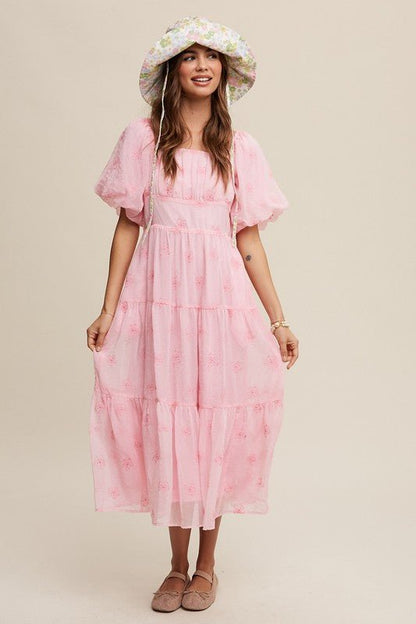 Flower Embroidered Puff Sleeve Tiered Maxi Dress - KOKOTETE