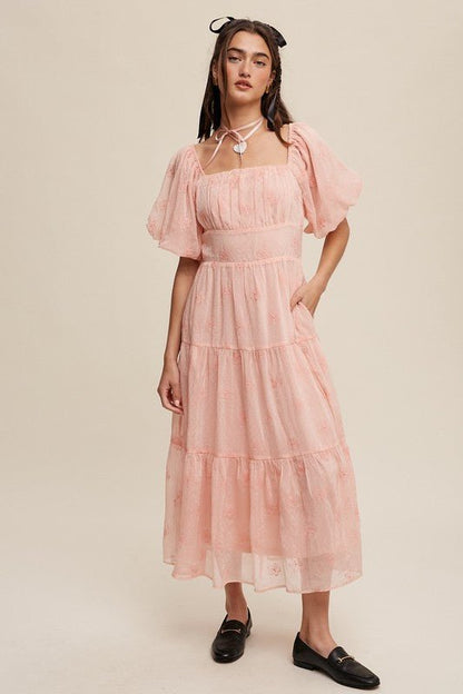 Flower Embroidered Puff Sleeve Tiered Maxi Dress - KOKOTETE