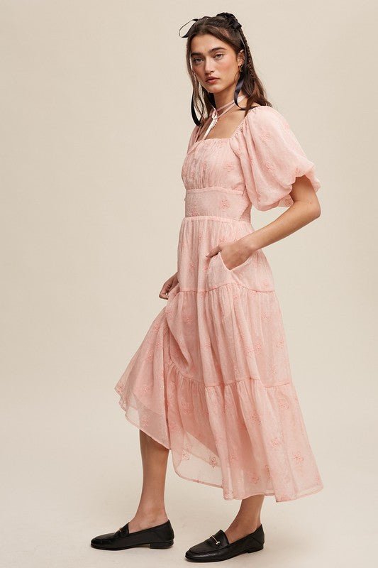 Flower Embroidered Puff Sleeve Tiered Maxi Dress - KOKOTETE