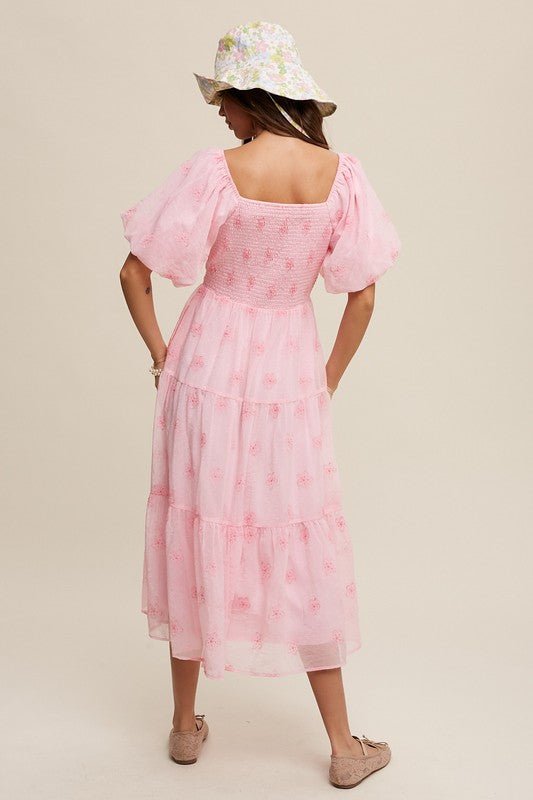 Flower Embroidered Puff Sleeve Tiered Maxi Dress - KOKOTETE