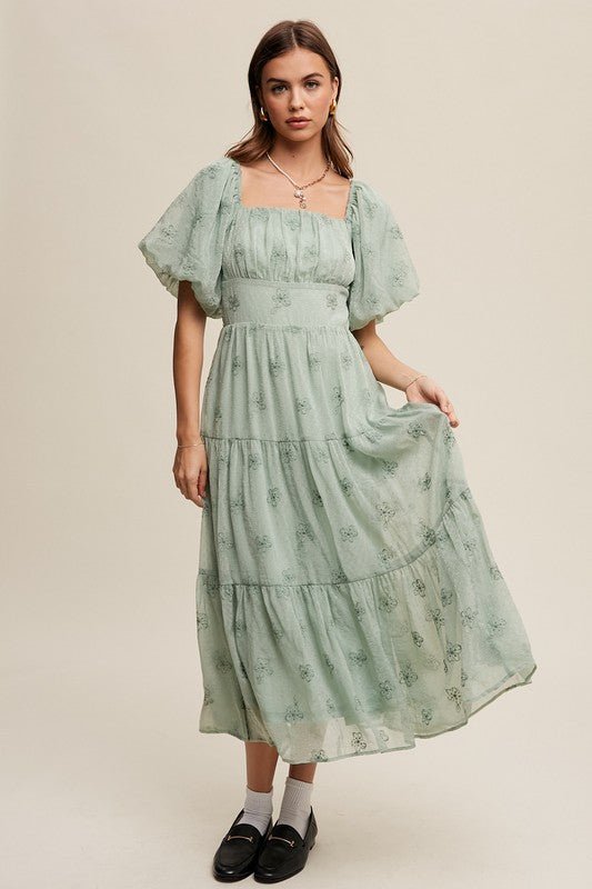 Flower Embroidered Puff Sleeve Tiered Maxi Dress - KOKOTETE