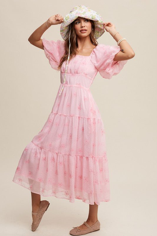 Flower Embroidered Puff Sleeve Tiered Maxi Dress - KOKOTETE