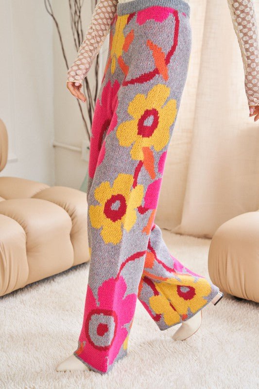 Flower Printed Casual Cozy Full Long Wide Pants - KOKOTETE