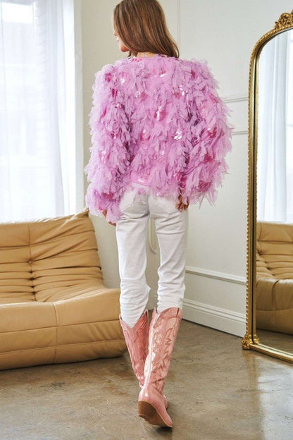 Fluffy Tiered Ruffle Long Sleeve Party Jacket - KOKOTETE