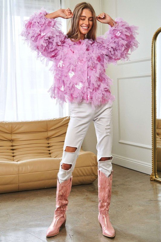 Fluffy Tiered Ruffle Long Sleeve Party Jacket - KOKOTETE