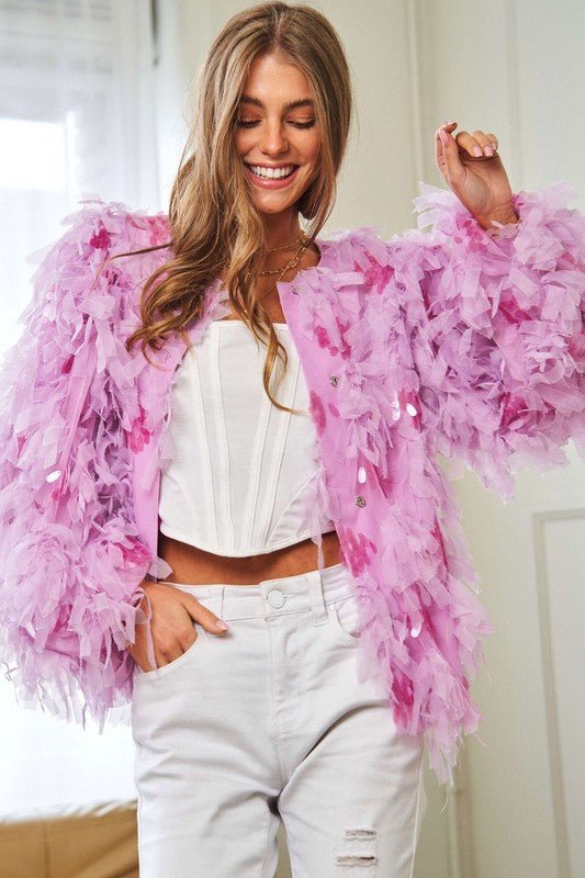 Fluffy Tiered Ruffle Long Sleeve Party Jacket - KOKOTETE