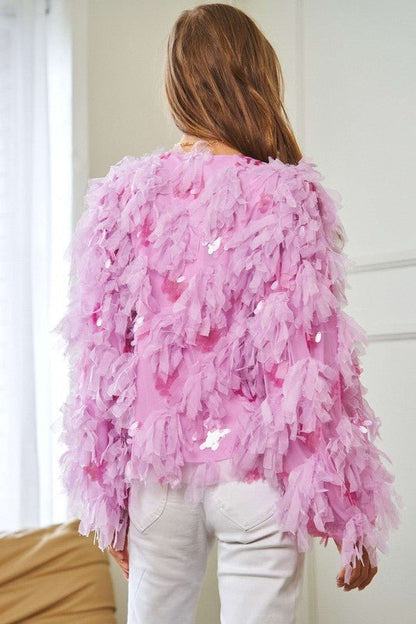 Fluffy Tiered Ruffle Long Sleeve Party Jacket - KOKOTETE