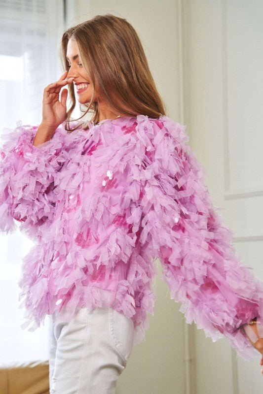 Fluffy Tiered Ruffle Long Sleeve Party Jacket - KOKOTETE