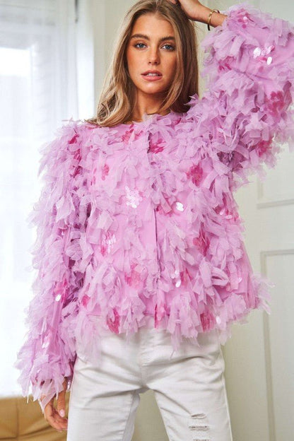 Fluffy Tiered Ruffle Long Sleeve Party Jacket - KOKOTETE