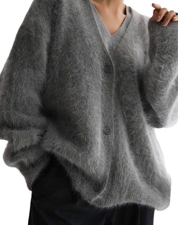 Fuzzy oversized button front cardigan - KOKOTETE