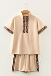 Leopard Trim Half - Zip Top and Shorts Set - KOKOTETE