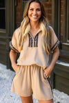Leopard Trim Half - Zip Top and Shorts Set - KOKOTETE
