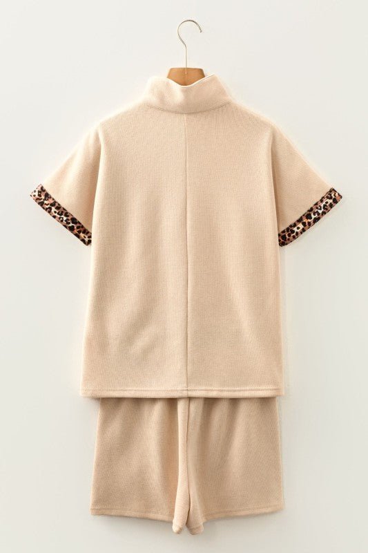 Leopard Trim Half - Zip Top and Shorts Set - KOKOTETE