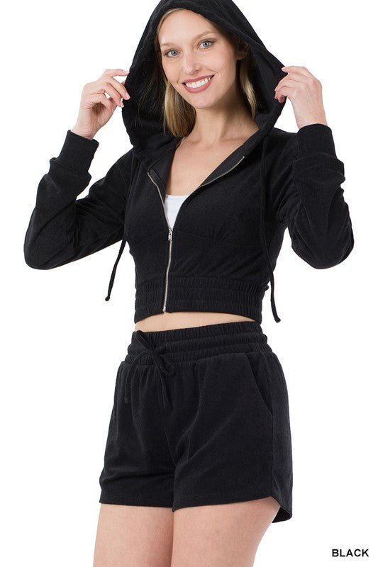 Loop Terry Zip Up Cropped Hoodie & Shorts Set - KOKOTETE