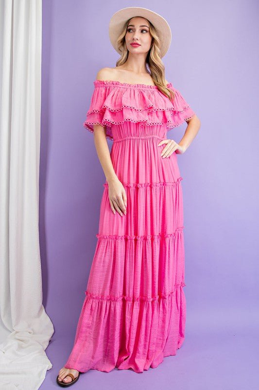 Off the Shoulder Ruffle Maxi Dress - KOKOTETE