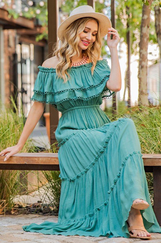 Off the Shoulder Ruffle Maxi Dress - KOKOTETE