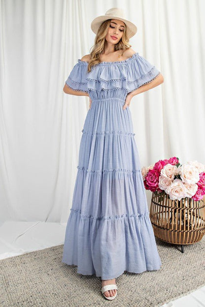 Off the Shoulder Ruffle Maxi Dress - KOKOTETE