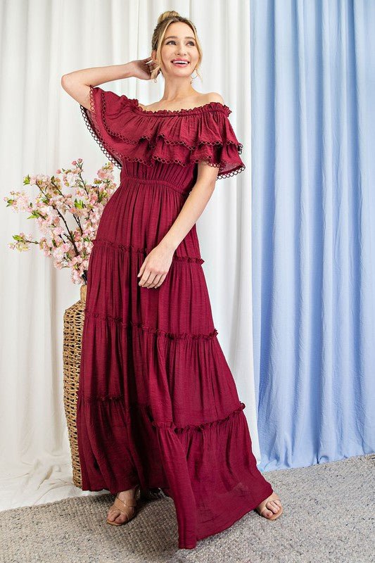 Off the Shoulder Ruffle Maxi Dress - KOKOTETE