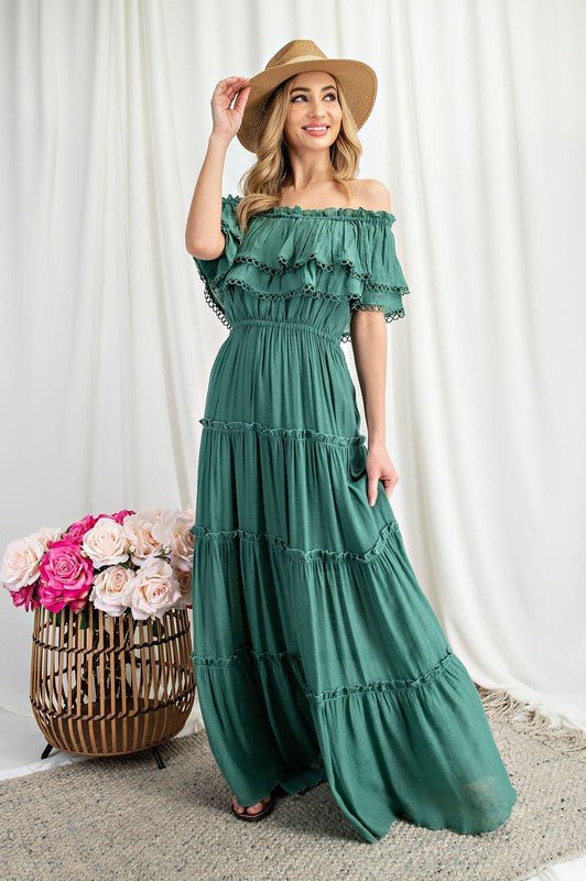 Off the Shoulder Ruffle Maxi Dress - KOKOTETE