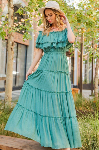 Off the Shoulder Ruffle Maxi Dress - KOKOTETE