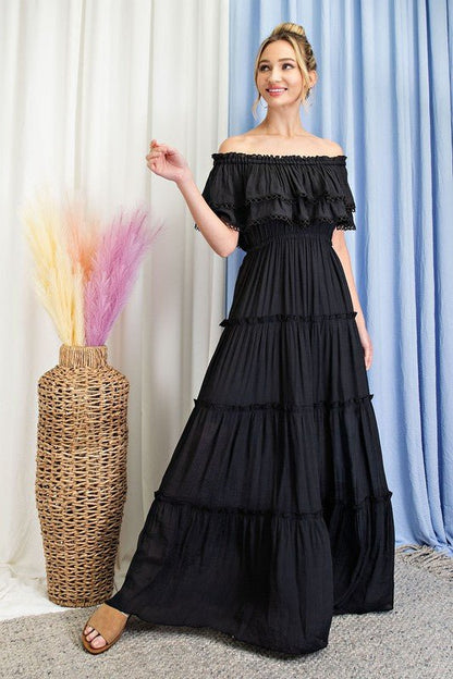 Off the Shoulder Ruffle Maxi Dress - KOKOTETE