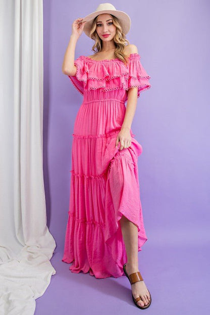 Off the Shoulder Ruffle Maxi Dress - KOKOTETE