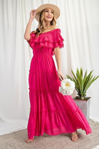 Off the Shoulder Ruffle Maxi Dress - KOKOTETE