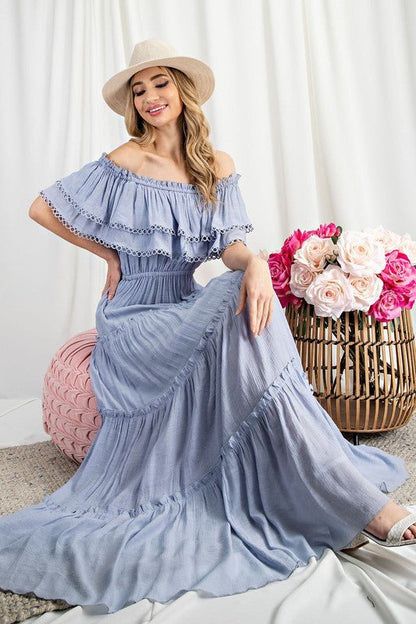 Off the Shoulder Ruffle Maxi Dress - KOKOTETE