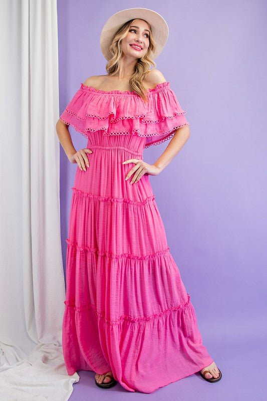 Off the Shoulder Ruffle Maxi Dress - KOKOTETE