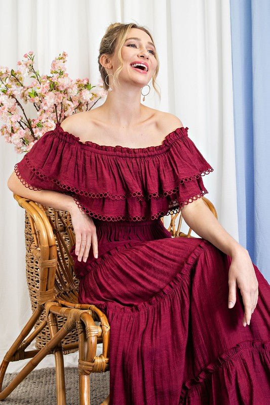 Off the Shoulder Ruffle Maxi Dress - KOKOTETE