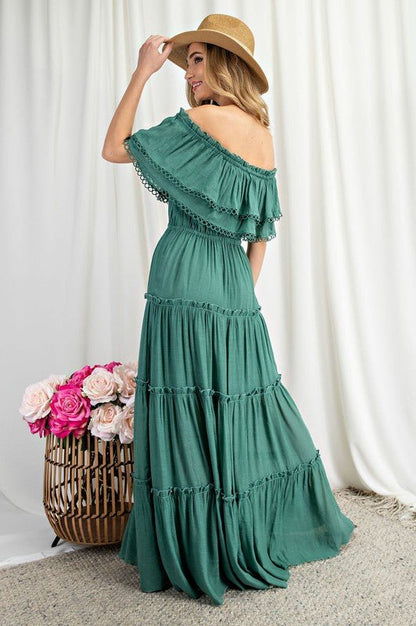 Off the Shoulder Ruffle Maxi Dress - KOKOTETE