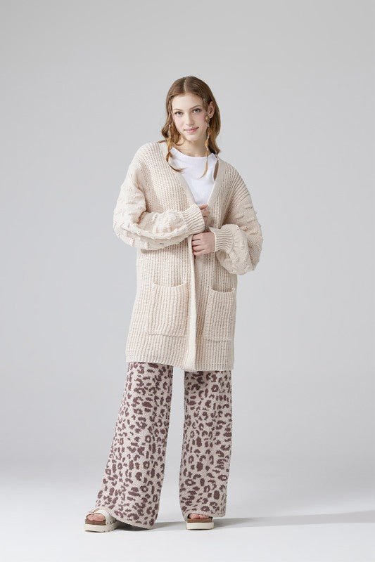 Oversized Pompom Sleeve Cardigan - KOKOTETE